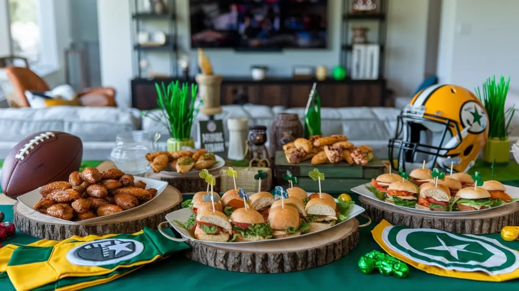 A spread of Super Bowl appetizers like wings, nachos, and sliders.