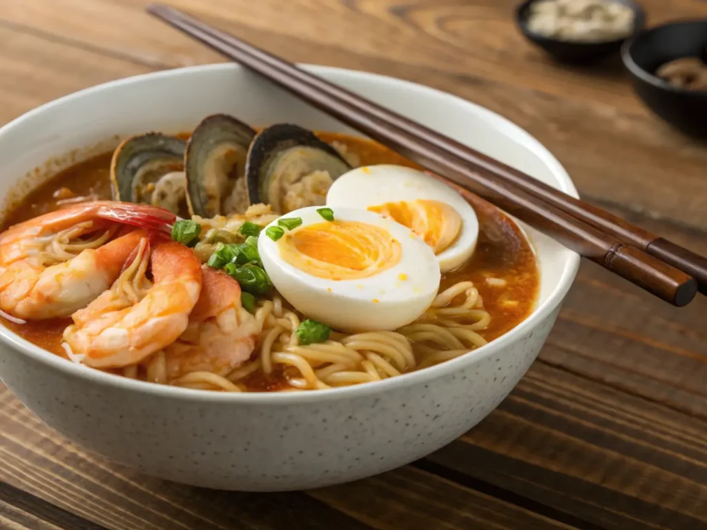 A bowl of seafood ramen with shrimp, clams, and an egg.