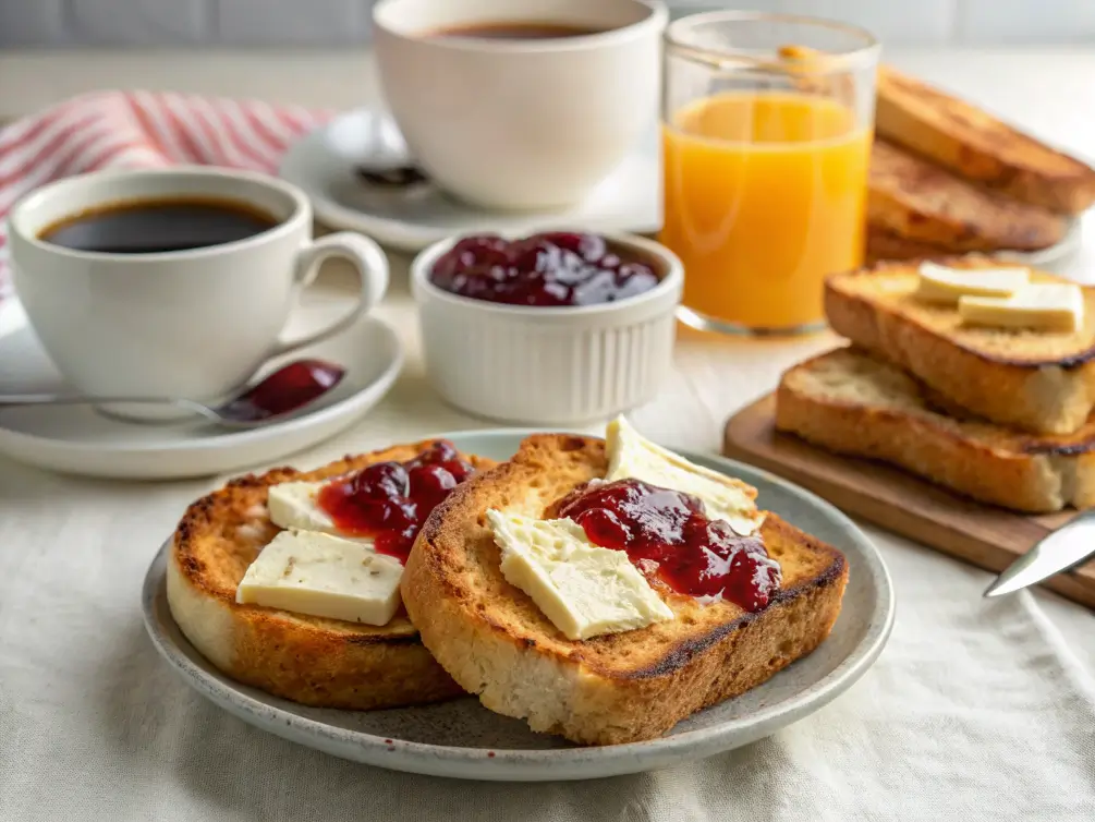 A breakfast spread with brioche toast, butter, and jam.