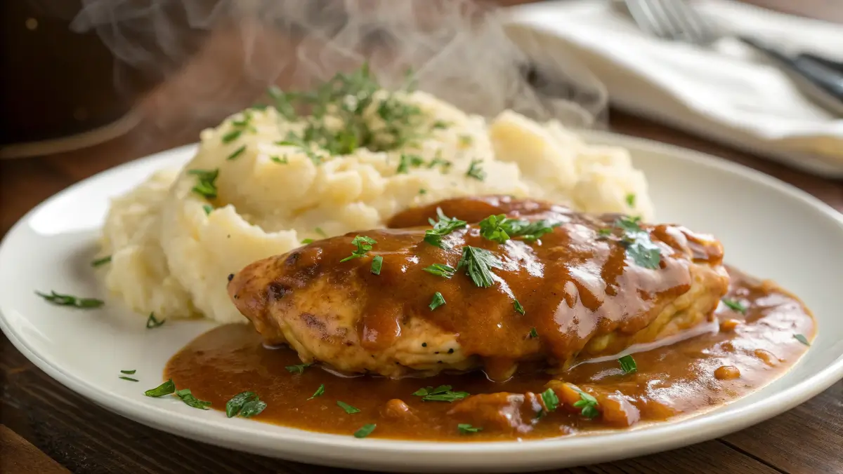 A plate of chicken smothered in thick gravy with mashed potatoes.