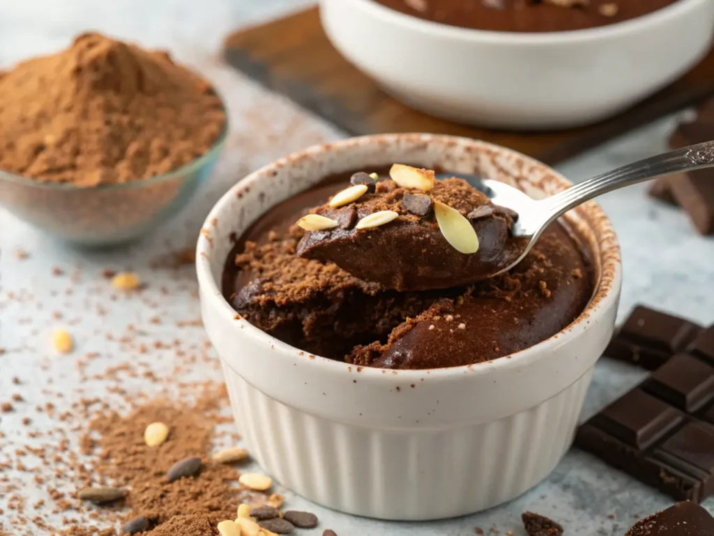 A spoonful of creamy protein pudding lifted from a cup.