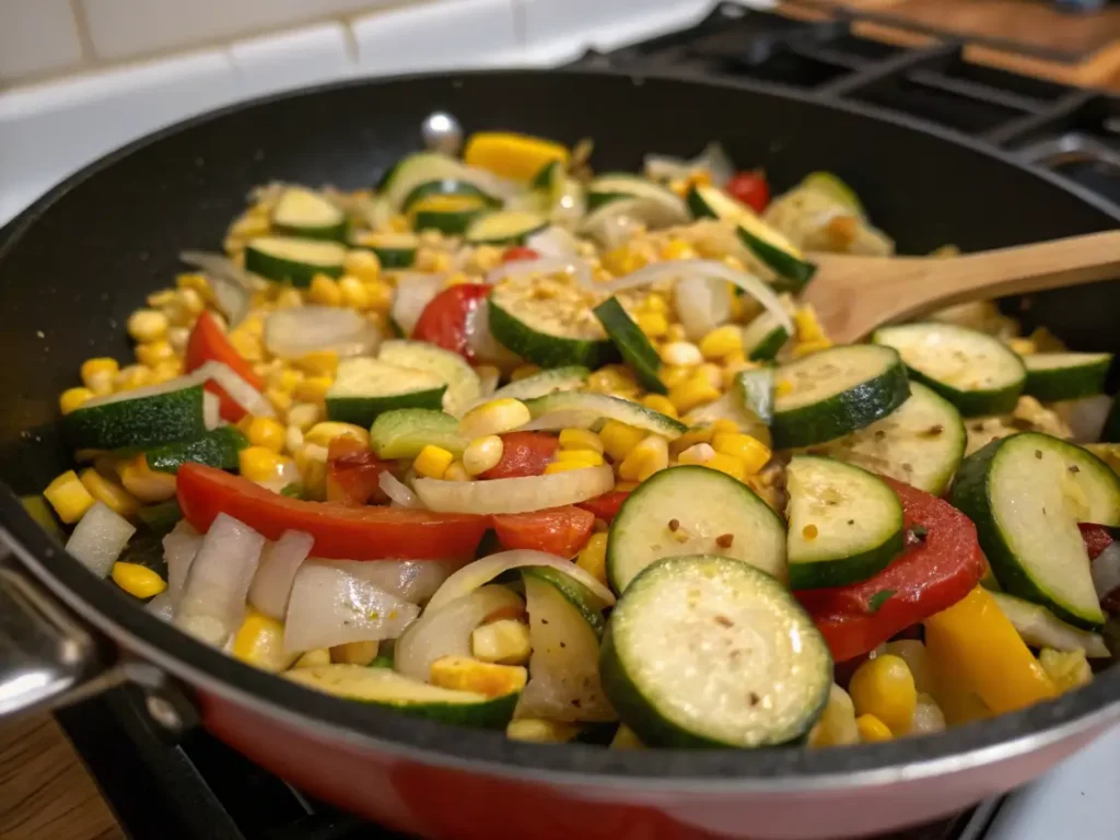 Zucchini, corn, and onions cooking in a pan.