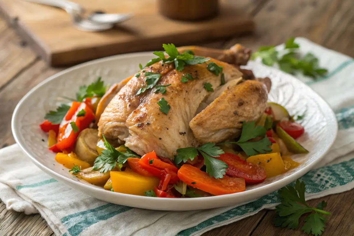 Slow-cooked chicken with vegetables garnished with parsley.