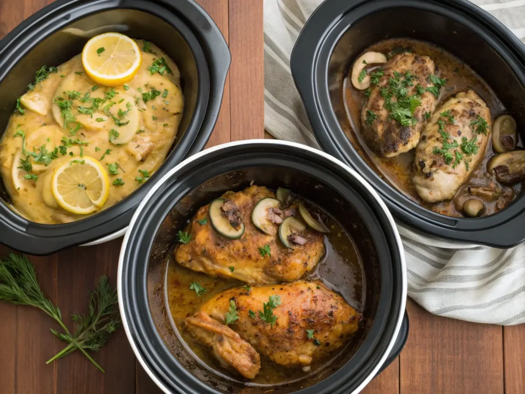 Three variations of slow-cooked chicken dishes.