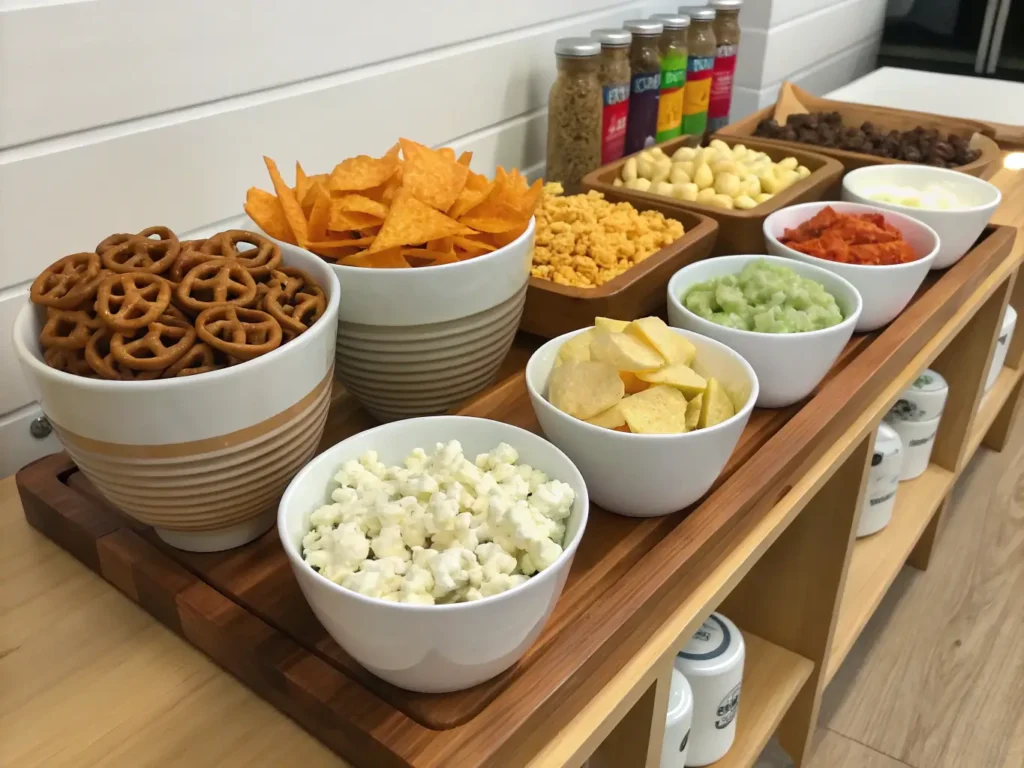  A snack bar with chips, dips, and popcorn for a party.