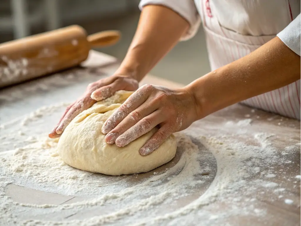 Hands kneading dough for artisan bread.