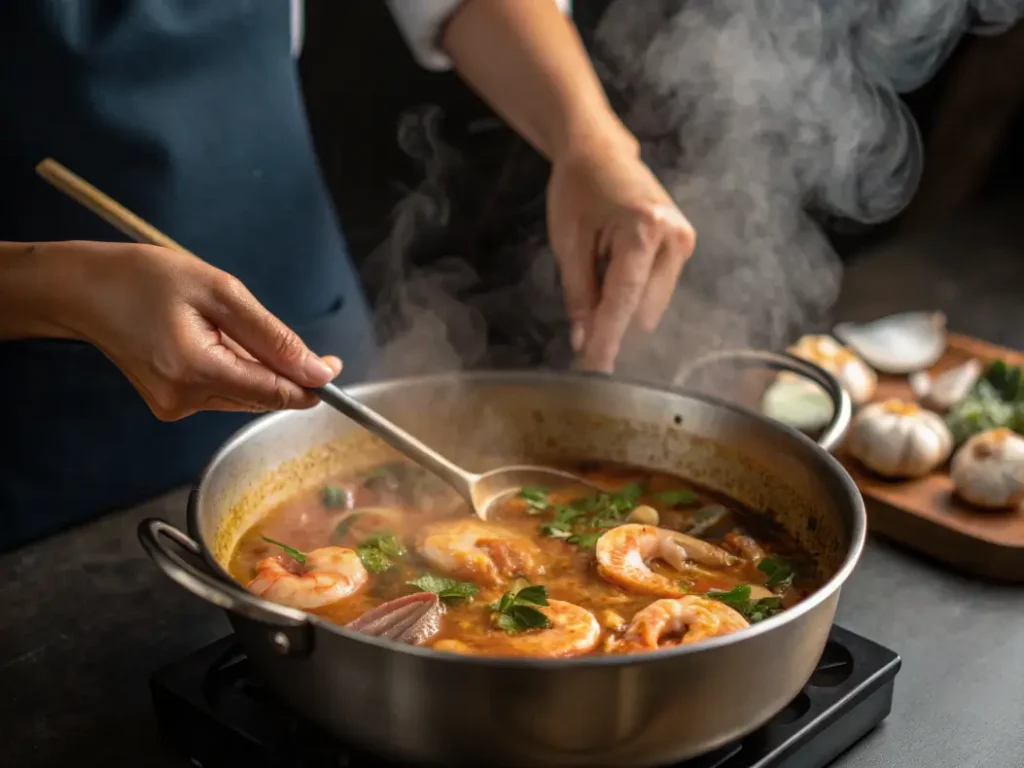  A chef stirring a pot of seafood broth with steam rising.