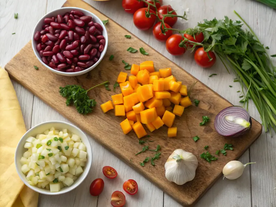 A variety of fresh ingredients including squash, kidney beans, and onions.