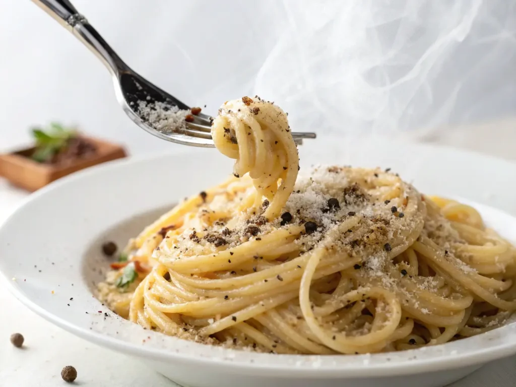 A close-up of a fork twirling creamy pasta.