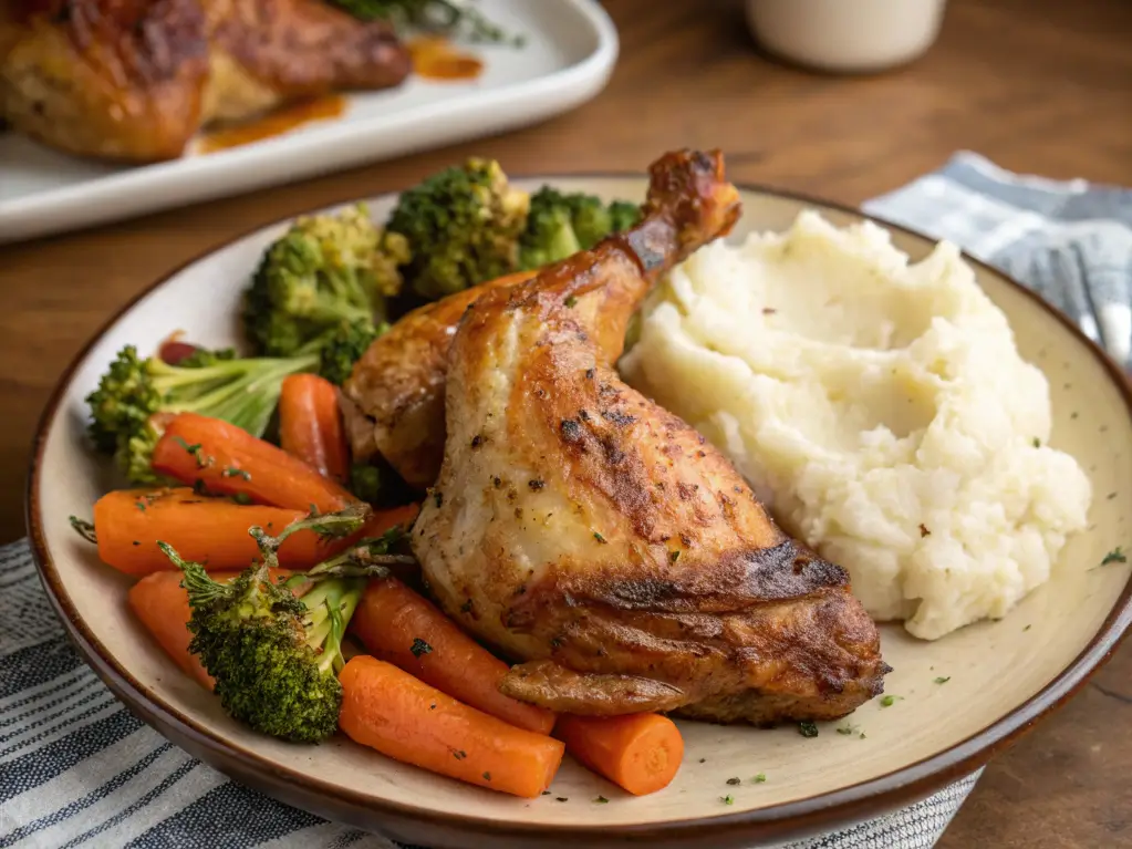 A meal featuring crispy chicken leg quarters with side dishes.