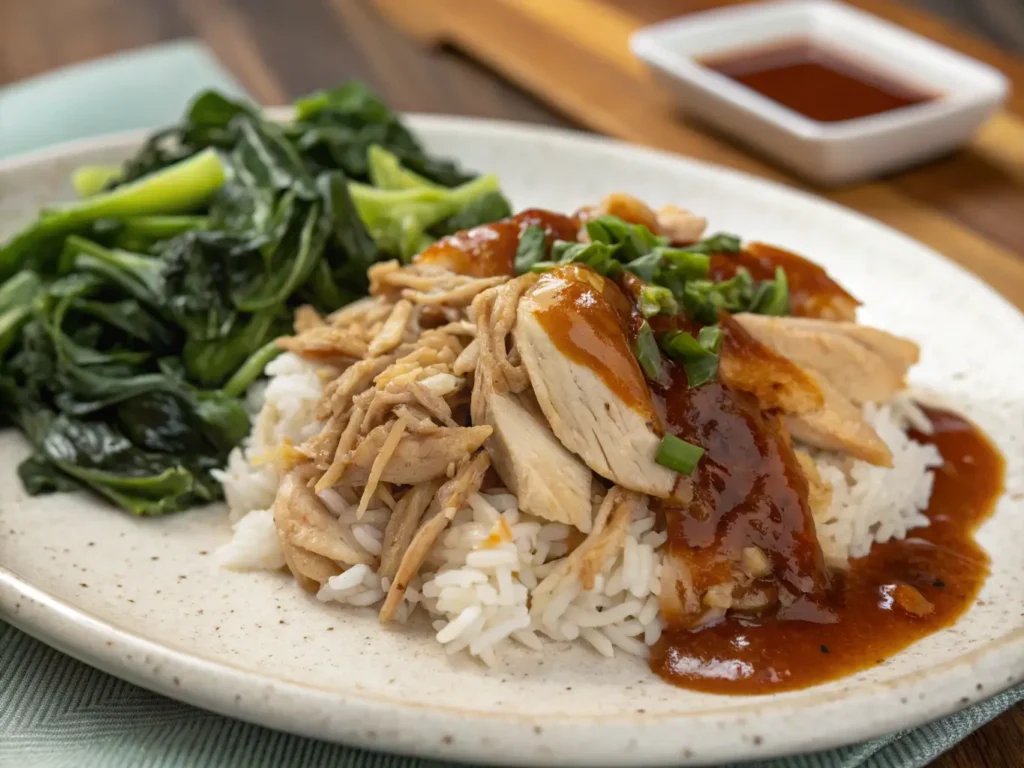  Shredded chicken over rice with greens.