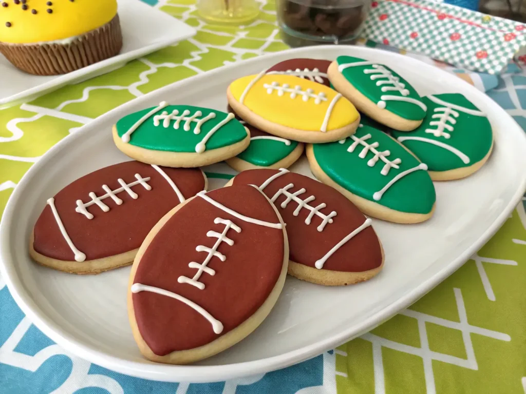  Football-shaped cookies decorated for Super Bowl.