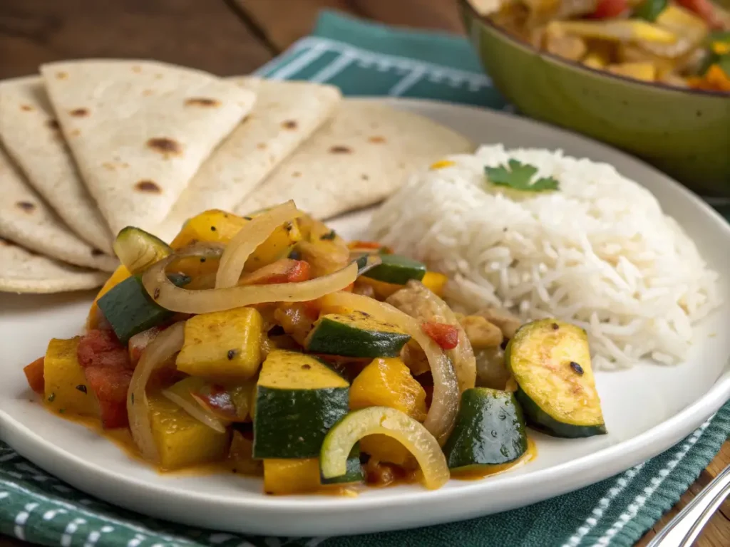 A plate of calabacitas with tortillas and rice.