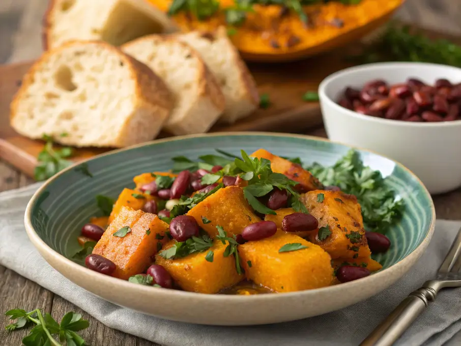 A plated dish with squash and kidney beans served with a side of crusty bread and fresh herbs.