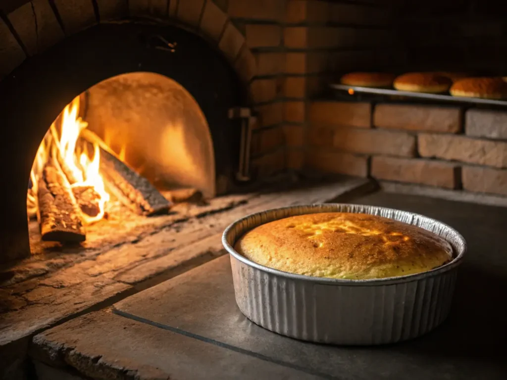  A cake rising in a traditional brick oven.