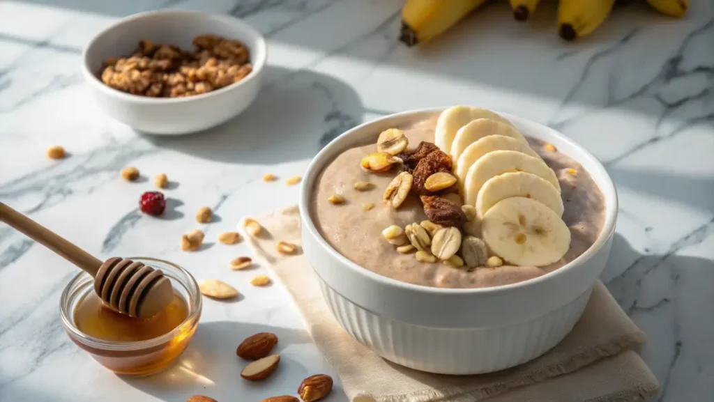 A bowl of protein pudding topped with bananas, nuts, and honey.