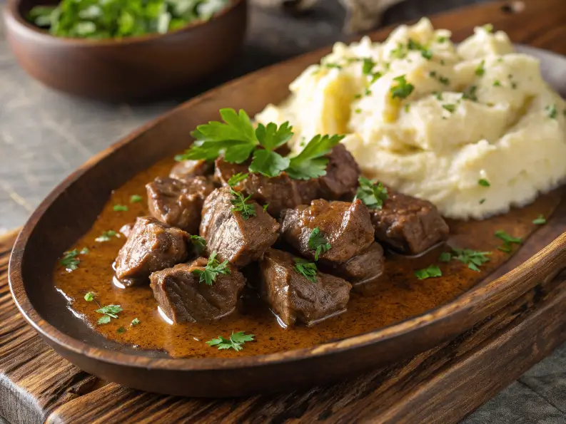 Tenderloin tips with garlic butter sauce and mashed potatoes on a rustic plate.