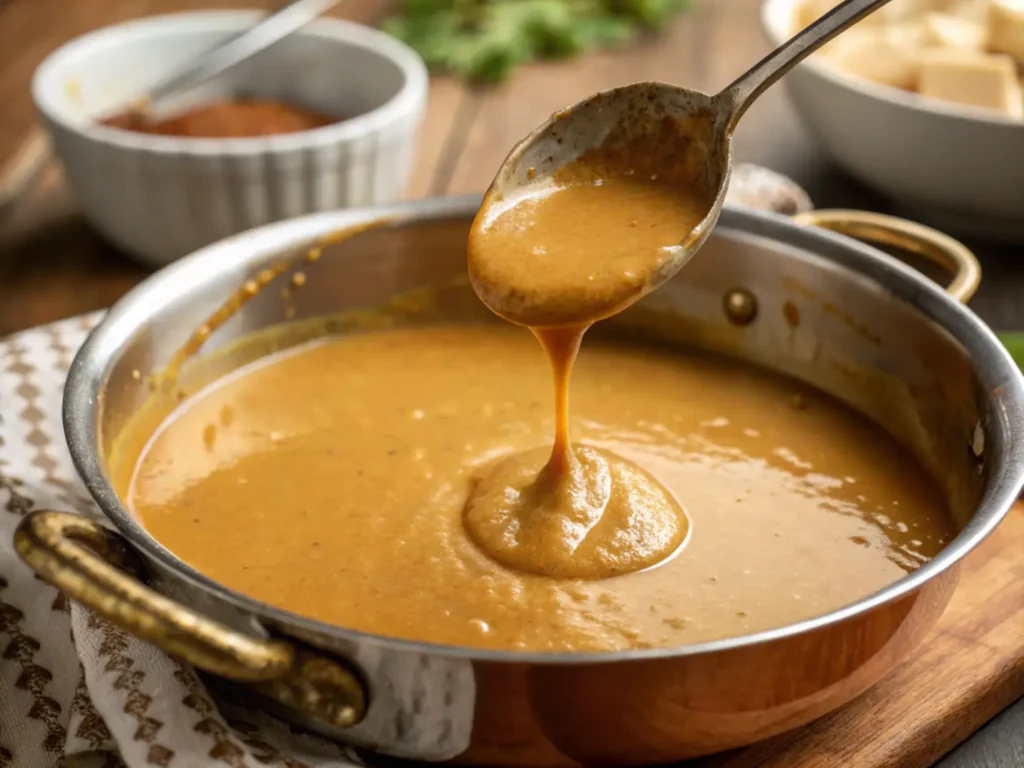 A spoonful of golden, homemade chicken gravy.