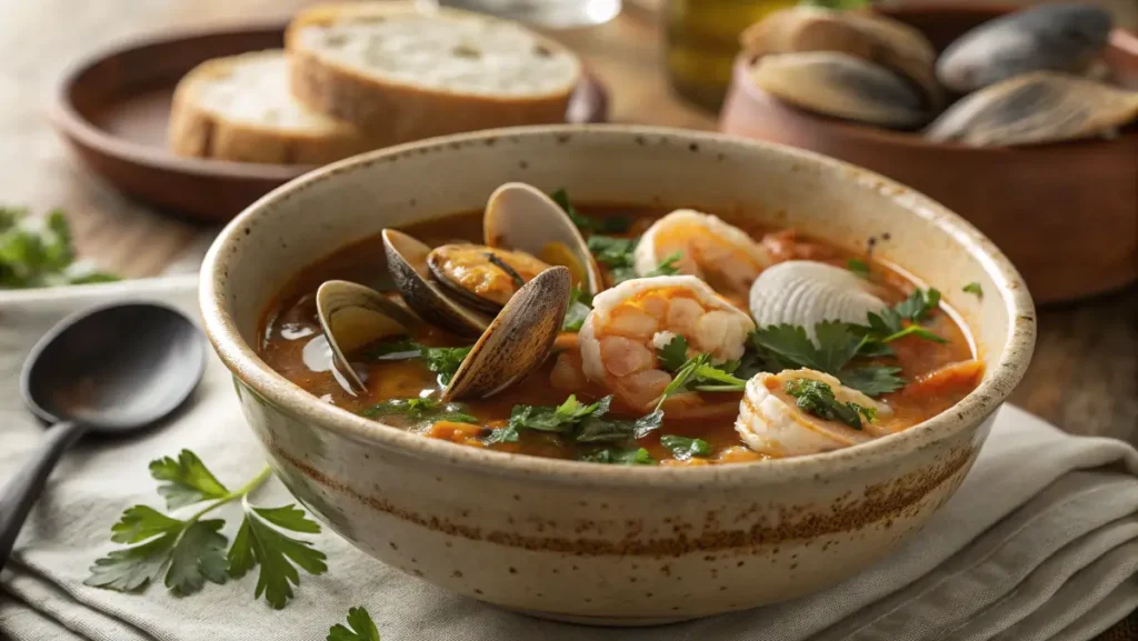 bowl of clam shrimp broth with fresh herbs in a rustic ceramic bowl.