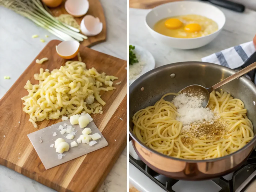 A bowl of whisked eggs and grated Parmesan cheese.