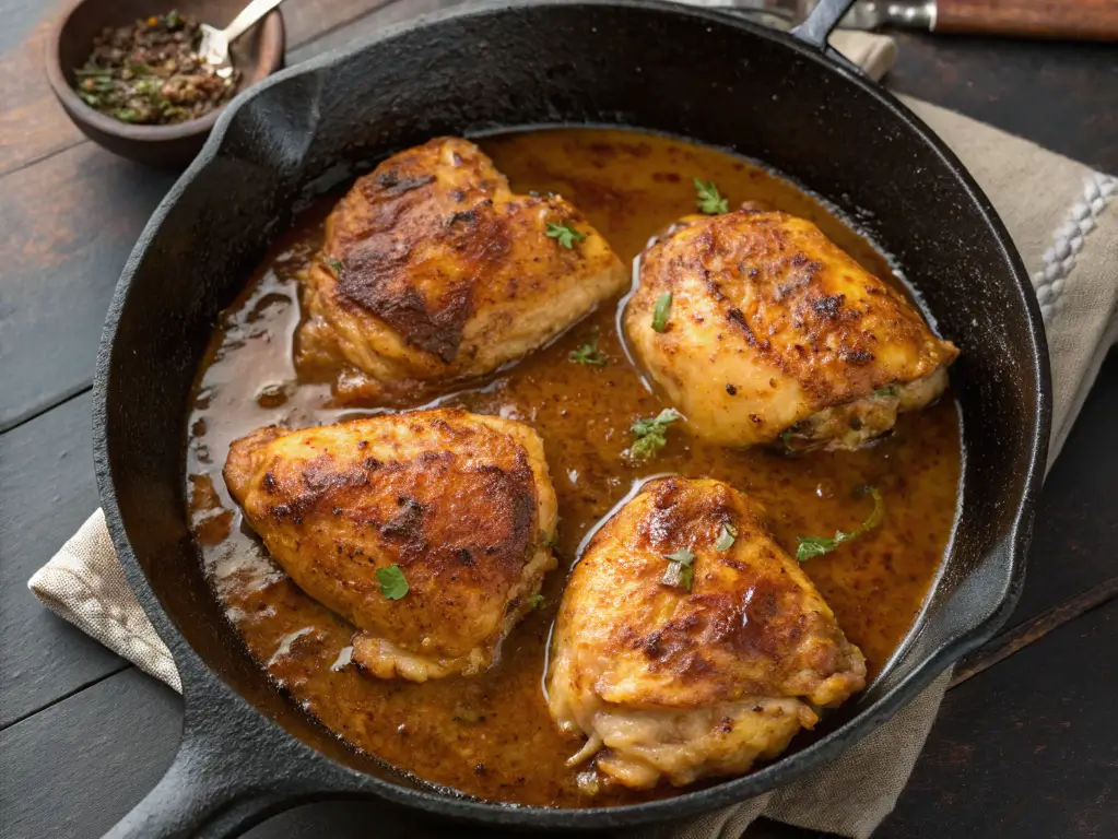 A skillet filled with chicken simmering in rich homemade gravy.