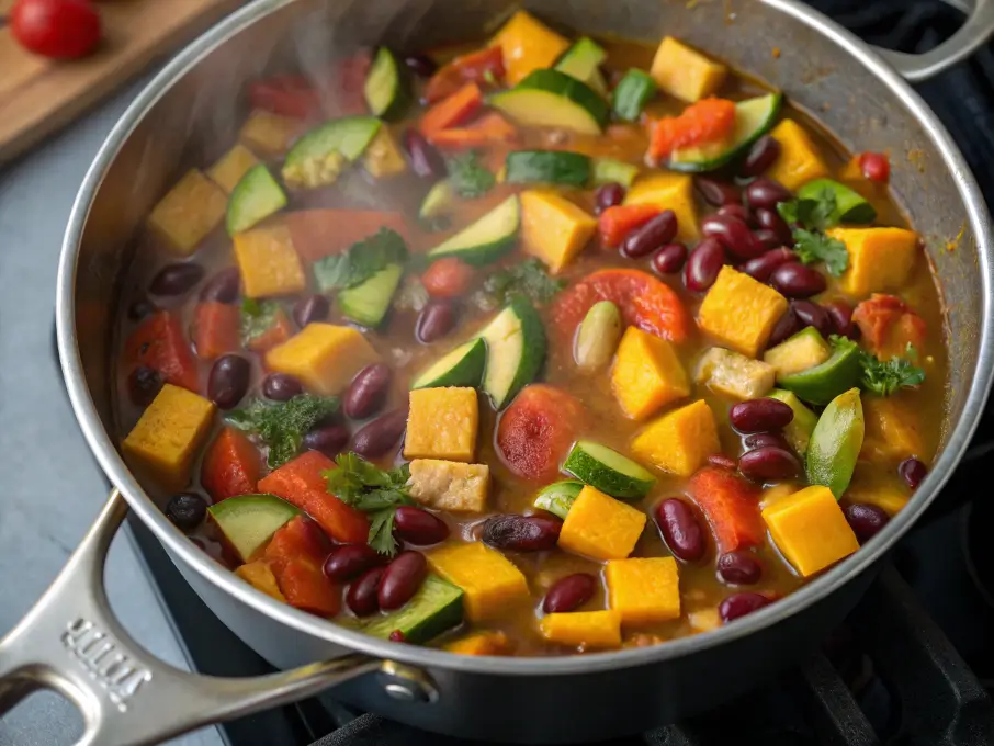  A close-up of squash and kidney beans simmering in broth.