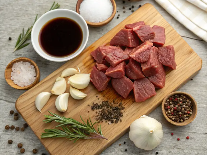 Fresh beef tenderloin tips with garlic, onions, and seasonings on a wooden board.