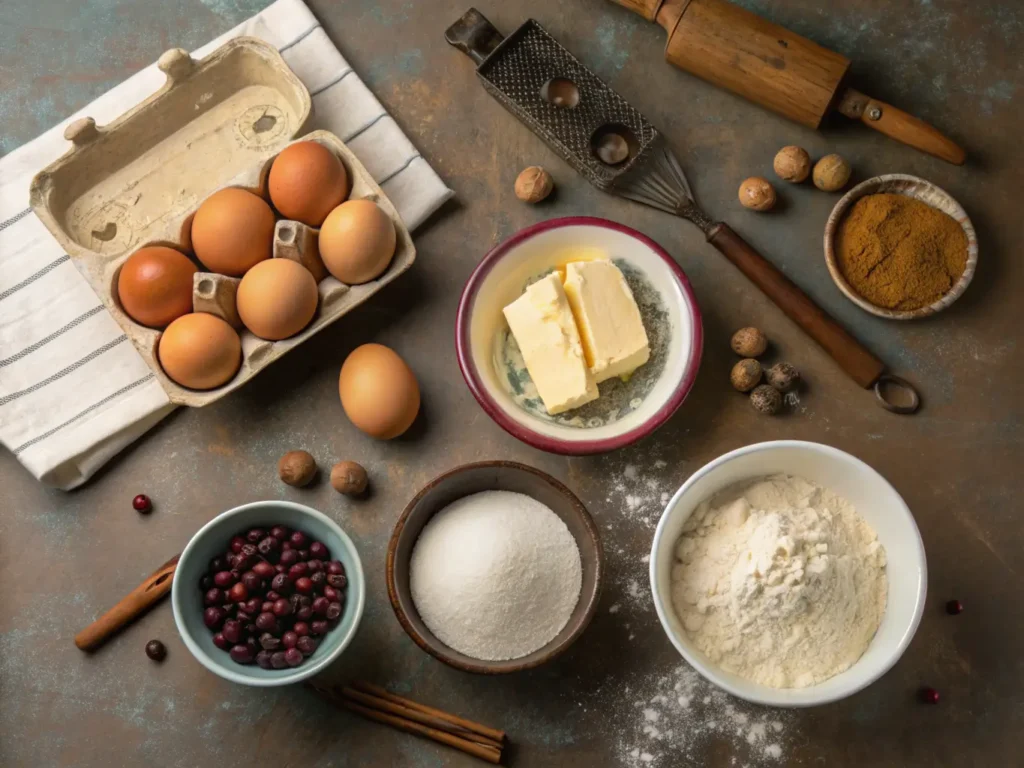 Classic baking ingredients arranged on an old wooden table.