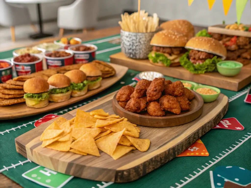 A spread of Super Bowl appetizers like wings, nachos, and sliders.