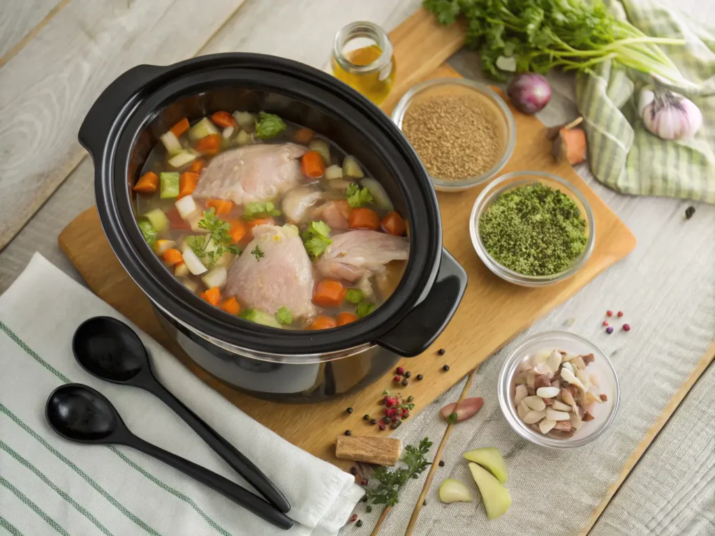 Raw chicken and vegetables in a slow cooker.