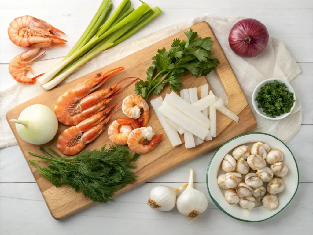 Fresh clams, shrimp, onions, and herbs arranged on a wooden board.