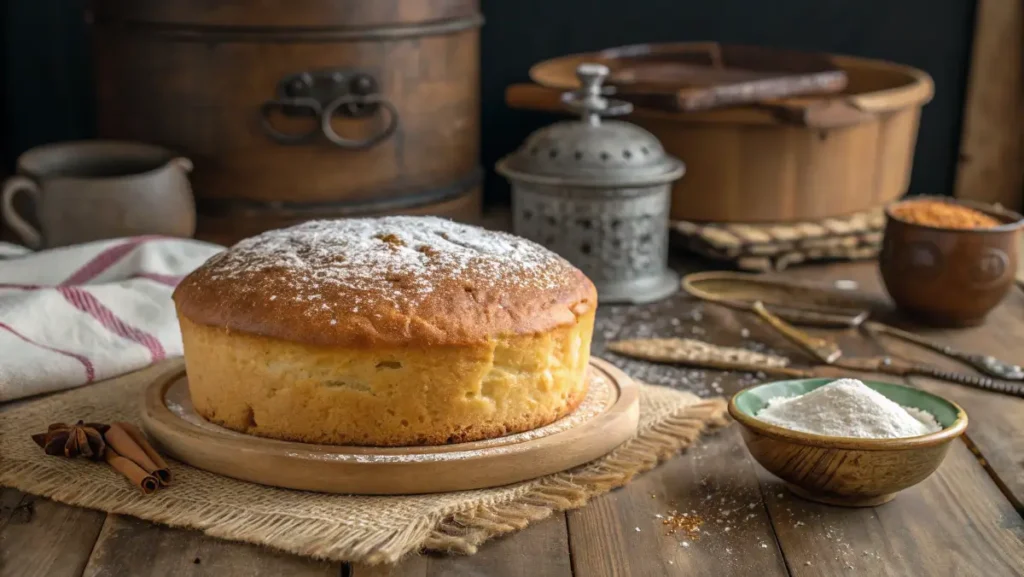 A golden 18th-century Queen’s Cake on a rustic table.