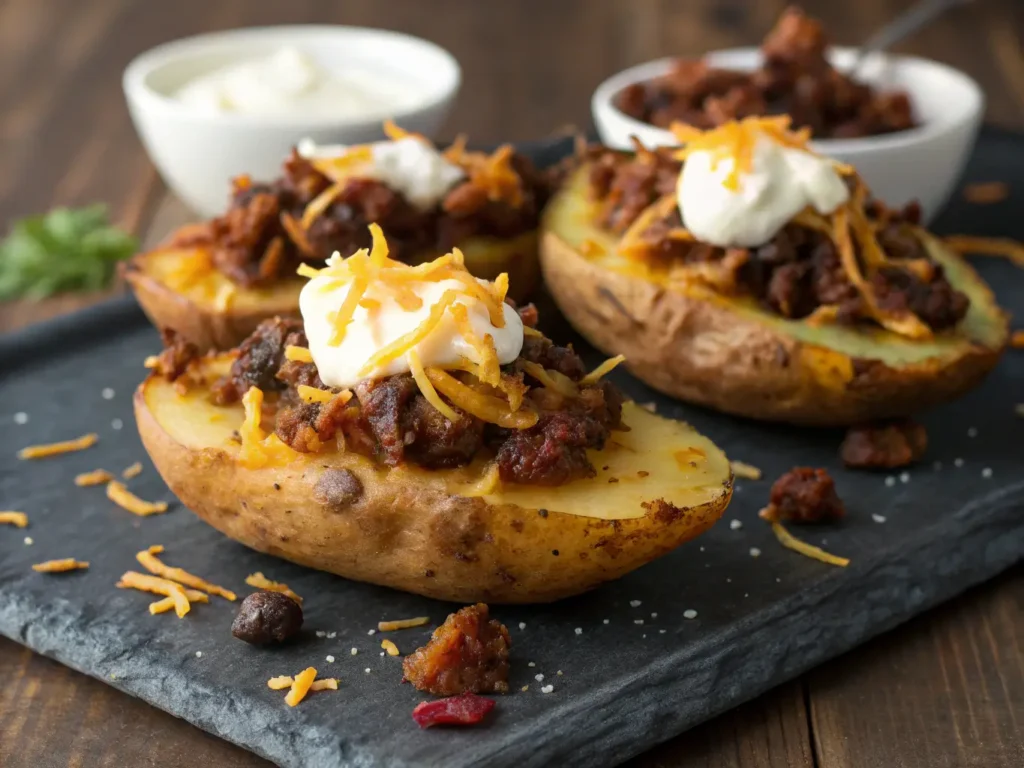 Loaded potato skins with cheese, bacon, and sour cream.