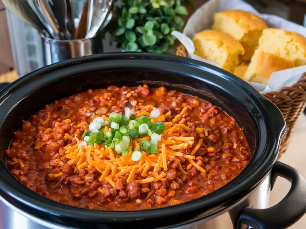 Slow-cooker chili with cheese and green onions.