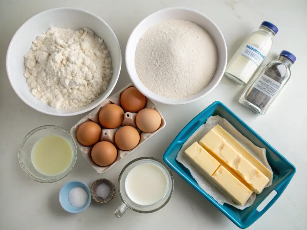 Ingredients for brioche bread arranged on a wooden counter.