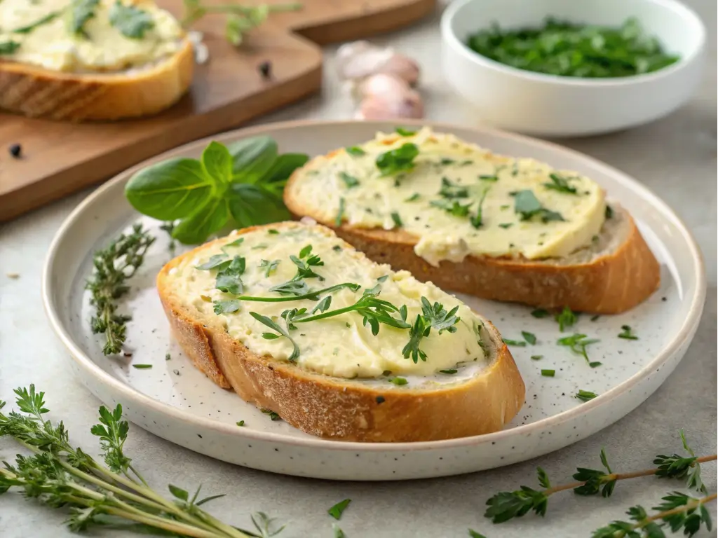 Sliced artisan bread with a side of butter and herbs.