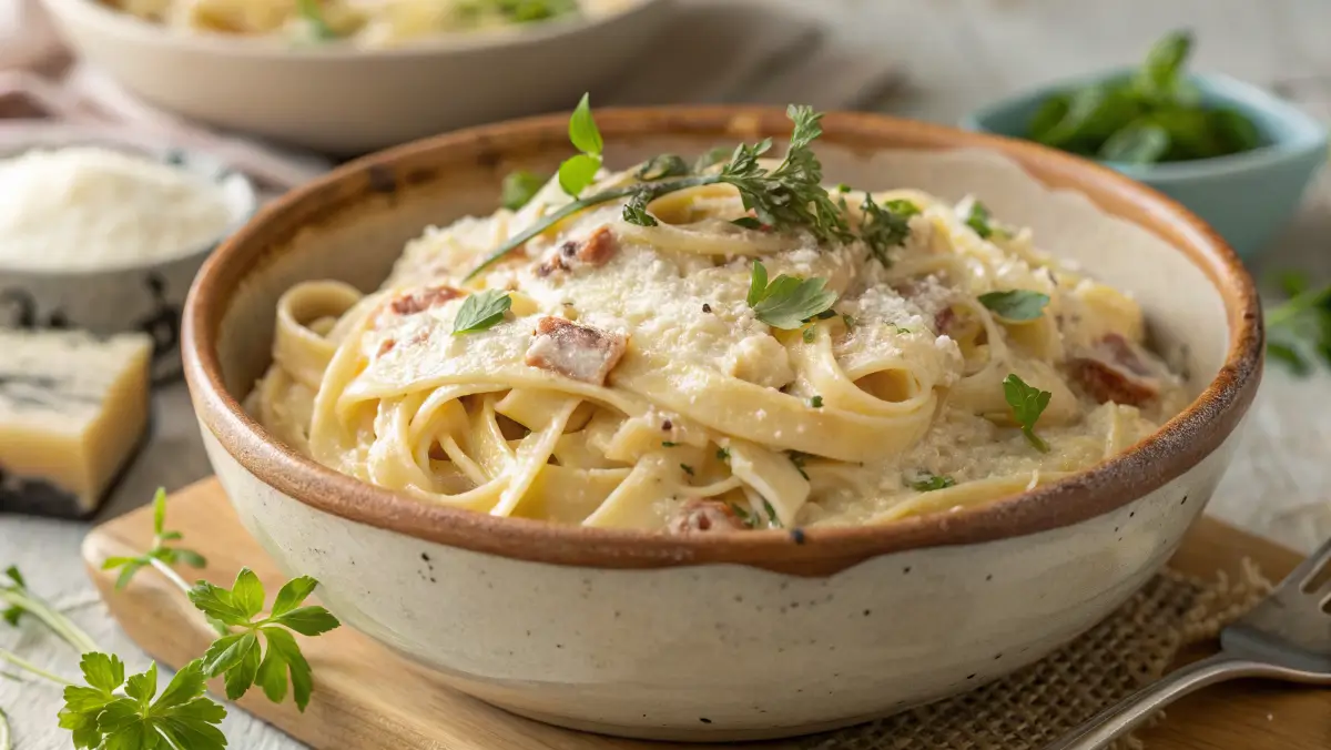 A creamy pasta dish with Parmesan and fresh herbs in a ceramic bowl.