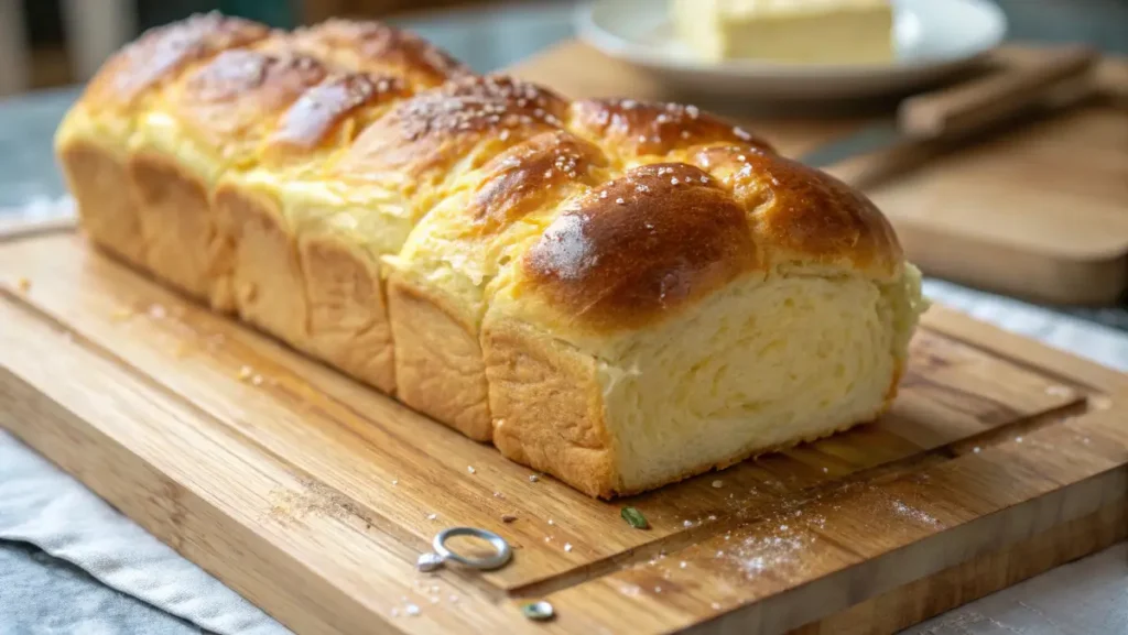 A golden-brown brioche loaf resting on a wooden board.