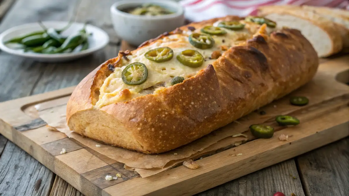 Close-up of freshly baked jalapeno cheese artisan bread.