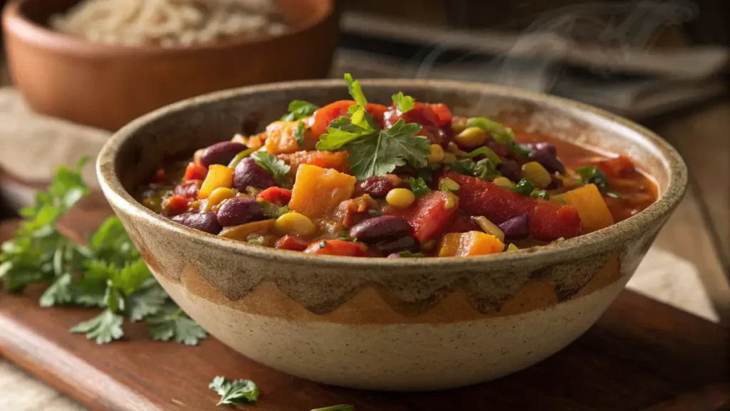 A warm and hearty squash and kidney bean dish in a rustic bowl.