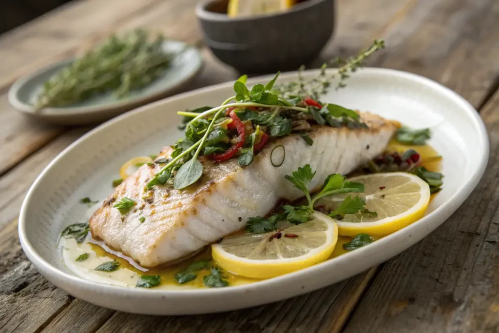 A plated rockfish dish garnished with fresh herbs and lemon.