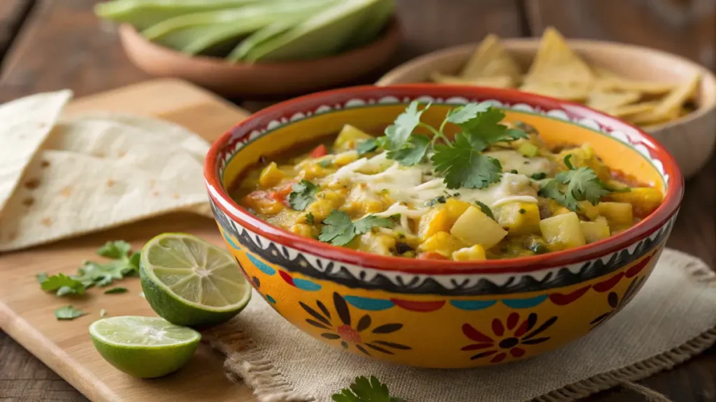 A colorful Mexican zucchini dish served in a rustic clay bowl.