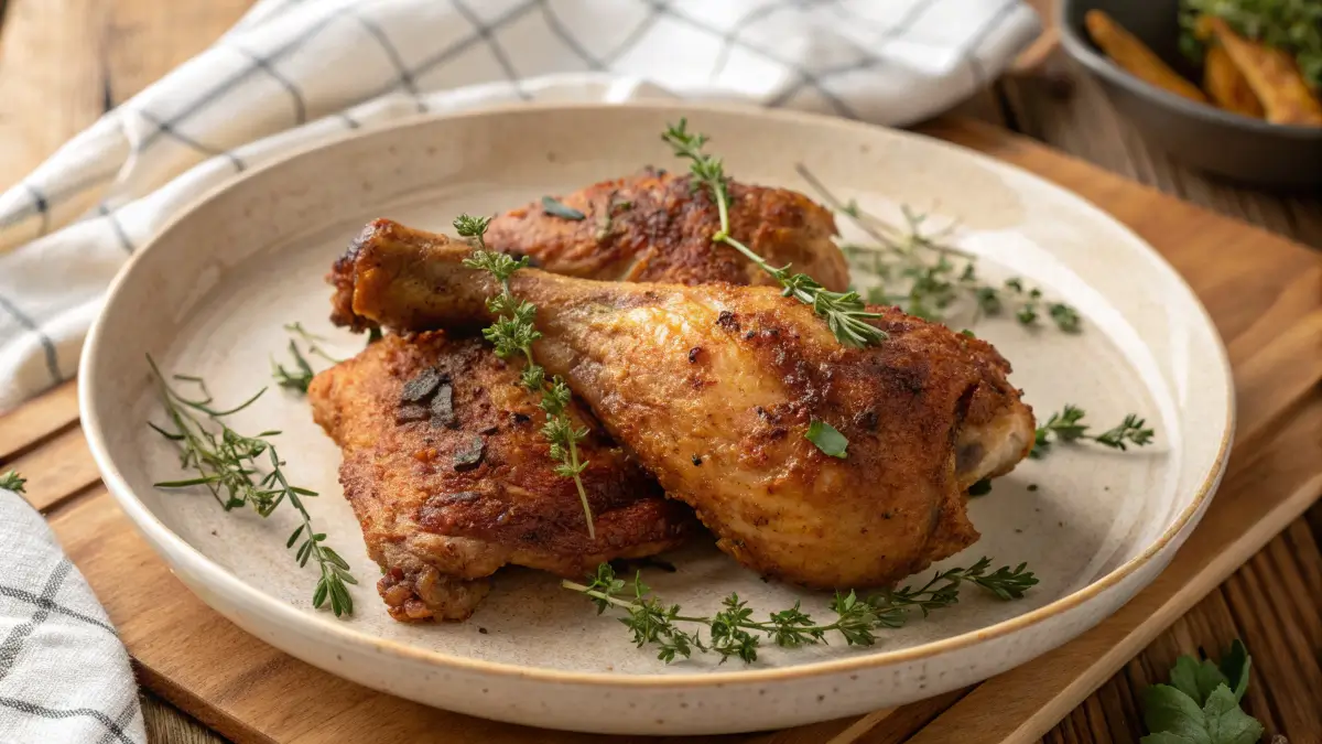 A close-up of crispy air fryer chicken leg quarters plated with fresh herbs.