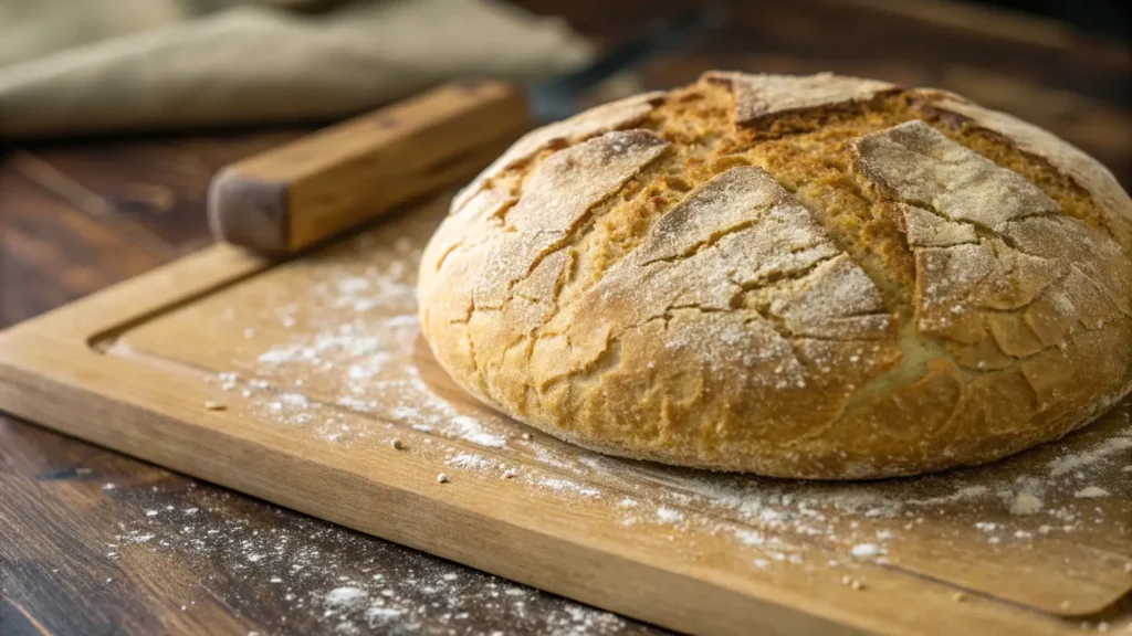 A close-up of golden-crusted sourdough bread on a wooden board.