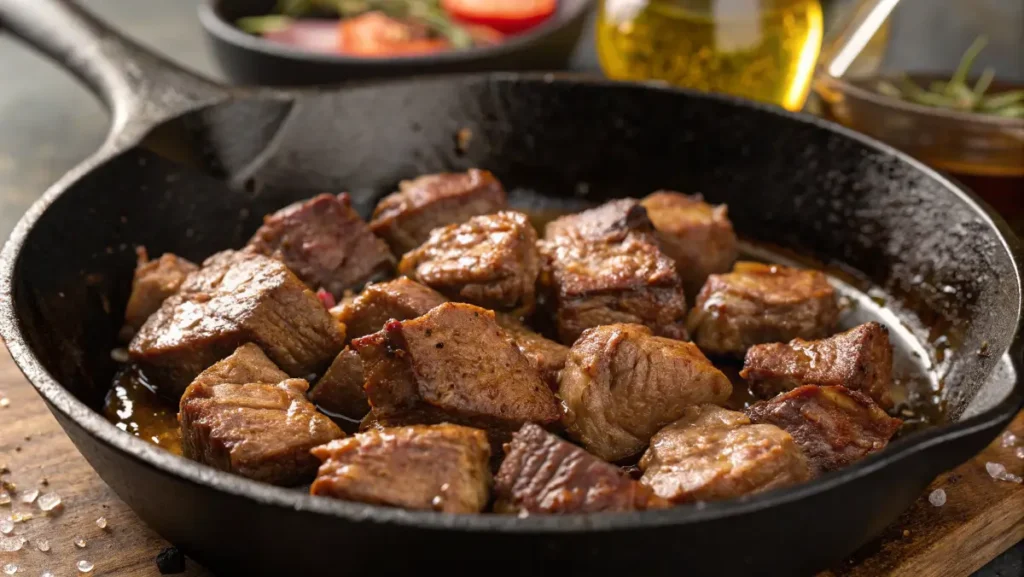 Sizzling beef tenderloin tips in a cast-iron skillet.