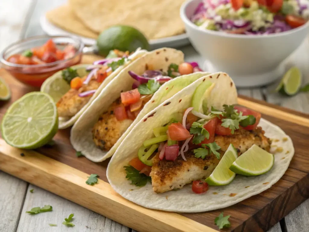 Rockfish tacos with slaw and lime.