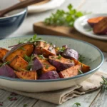 A close-up of roasted purple sweet potatoes on a wooden plate, garnished with fresh herbs.