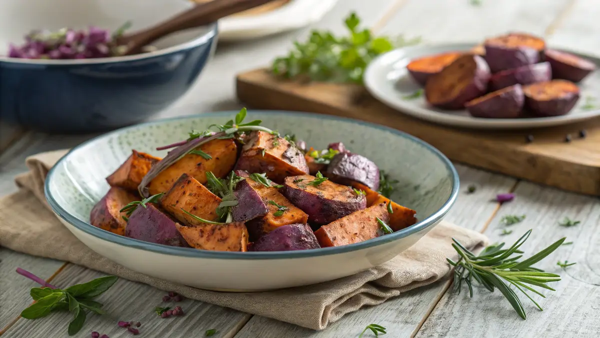 A close-up of roasted purple sweet potatoes on a wooden plate, garnished with fresh herbs.