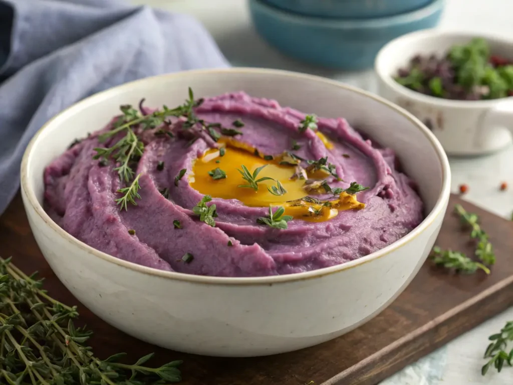 A bowl of mashed purple sweet potatoes topped with melted butter.