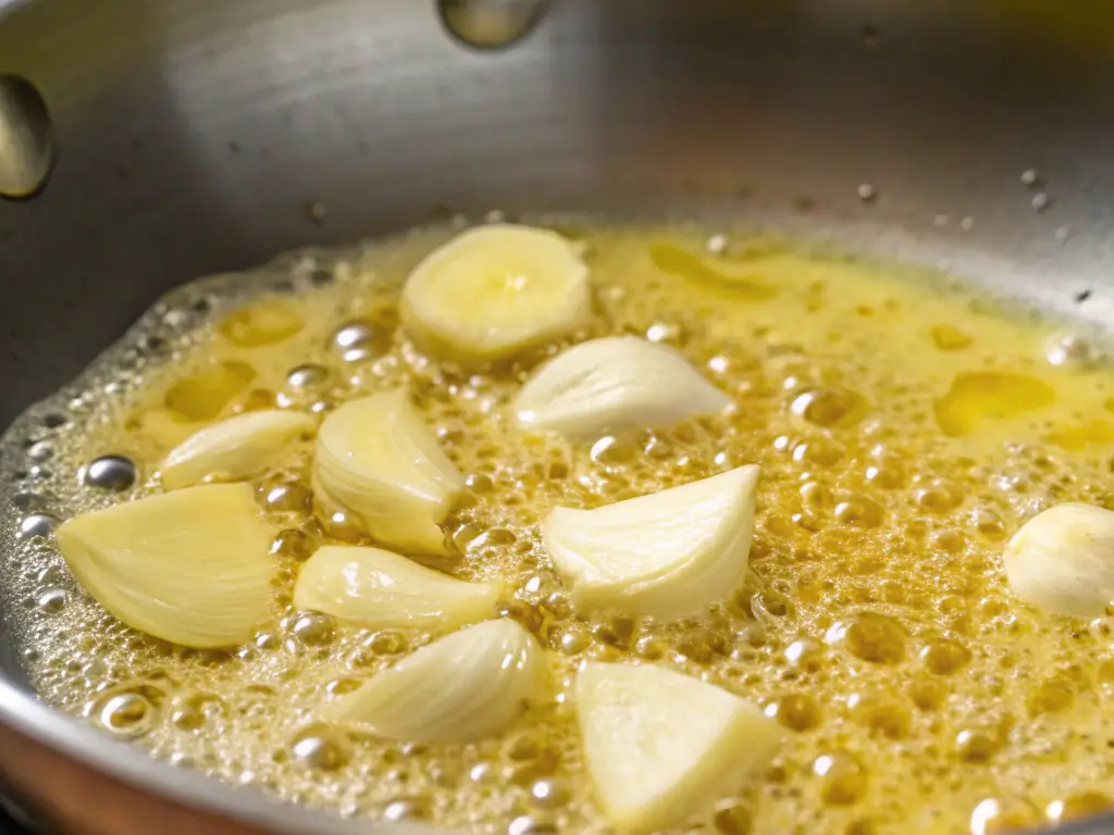 Butter melting with garlic in a pan.